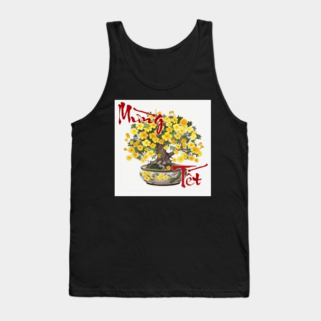 Mung Tet, Lunar New Year, Calligraphy + AI Art, Hoa Mai Tank Top by AZNSnackShop